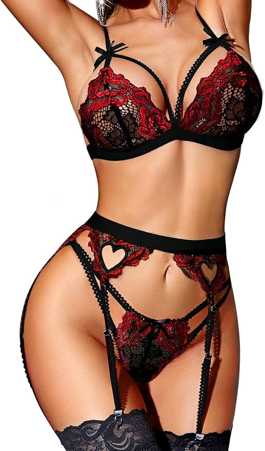 RSLOVE 3 piece lace teddy with garter belt – full front view on model with heart cutouts and satin bows
