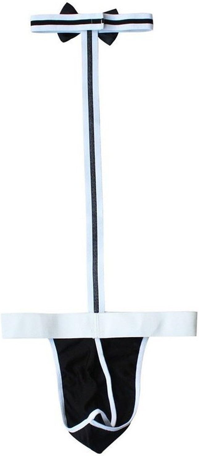 Close-up of suspender strap and pouch on the Shinywear mankini showing stitch and elastic detail