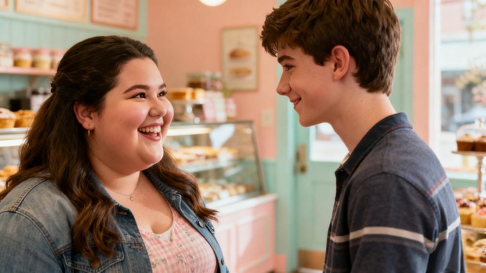 A cinematic, soft focus image of Mia and Ethan meeting in a brightly lit office pantry, where Ethan notices Mia's joy over food, illustrating the beginning of their unconditional love story.